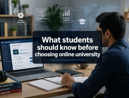 Student studying on laptop with online university dashboard in a clean and professional workspace