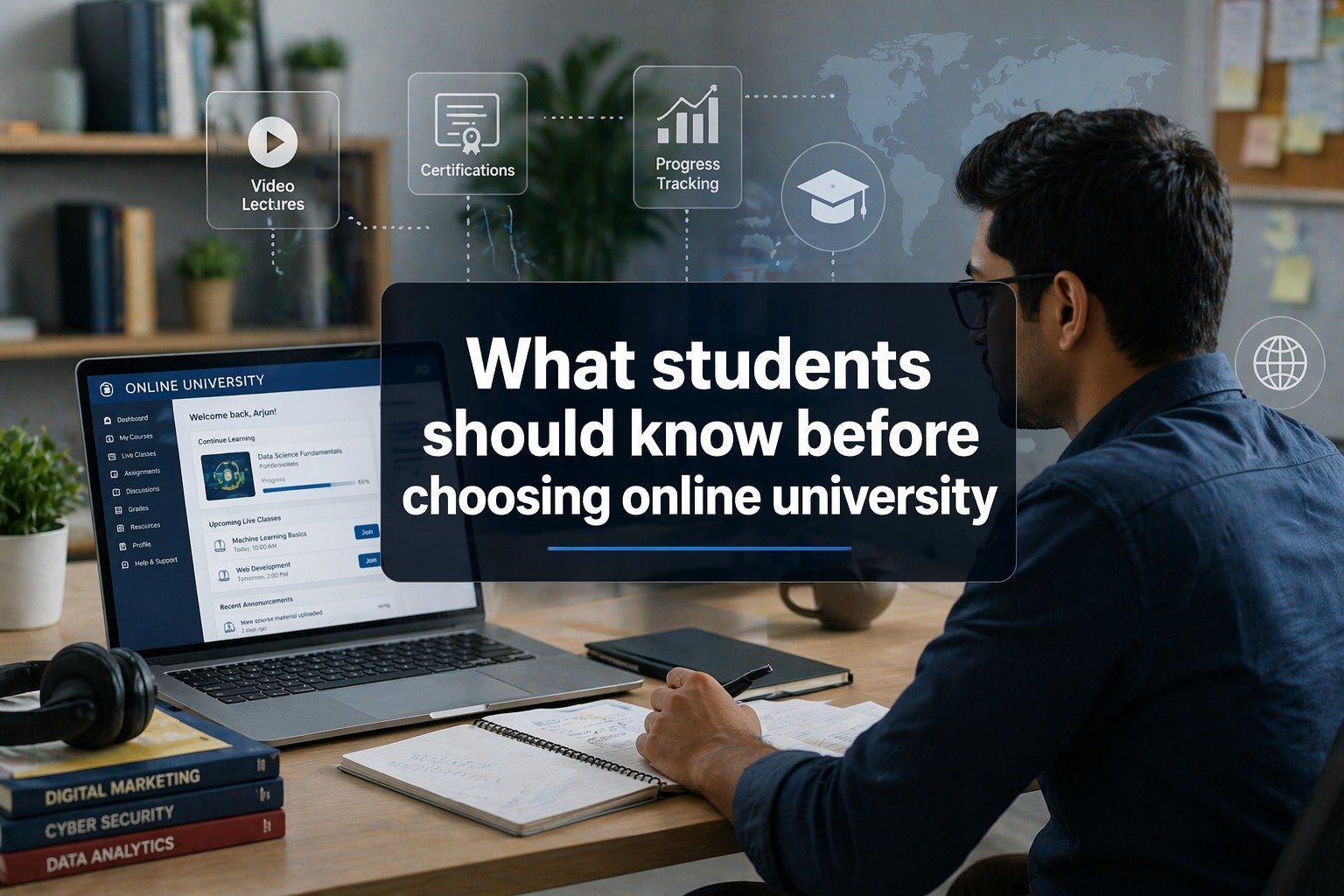 Student studying on laptop with online university dashboard in a clean and professional workspace