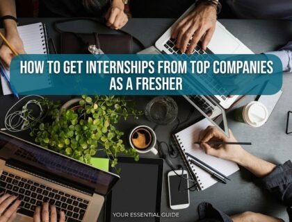 Focused fresher preparing for internships in top companies using laptop in a professional workspace with resume and career planning elements