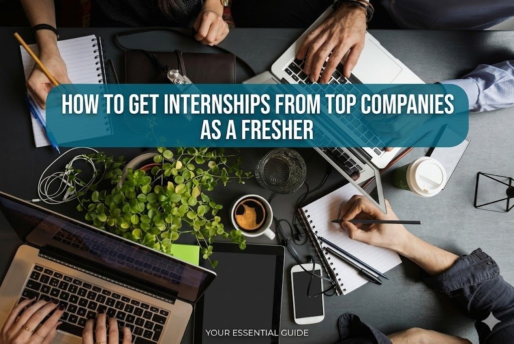 Focused fresher preparing for internships in top companies using laptop in a professional workspace with resume and career planning elements