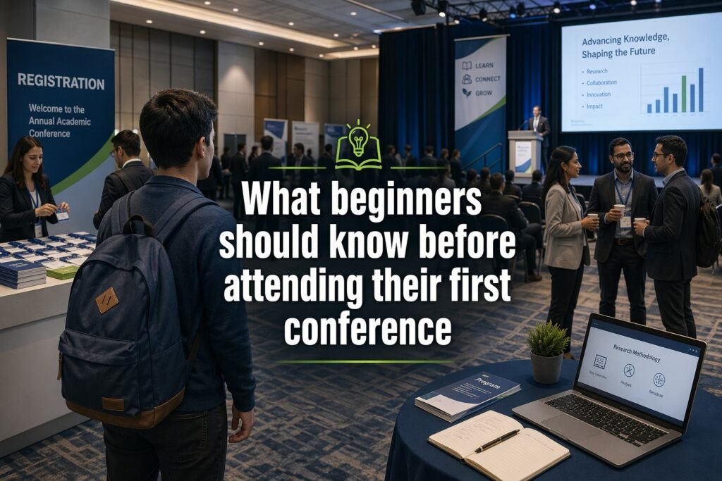 First-time student entering an academic conference hall, observing presentations and networking sessions in a professional learning environment