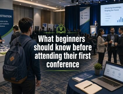 First-time student entering an academic conference hall, observing presentations and networking sessions in a professional learning environment