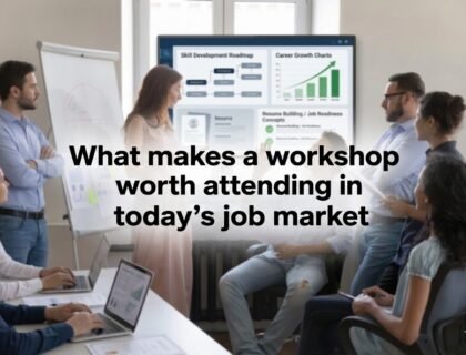 Students and professionals attending a structured career workshop with an instructor presenting job-ready skills, digital learning tools, and career development concepts in a modern training environment