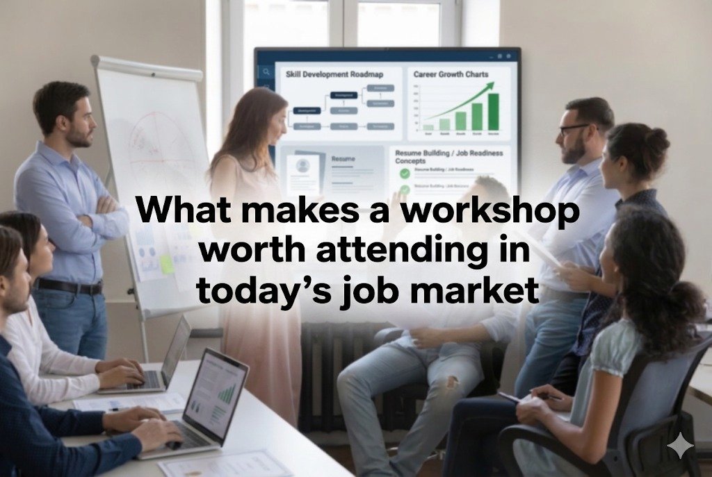 Students and professionals attending a structured career workshop with an instructor presenting job-ready skills, digital learning tools, and career development concepts in a modern training environment