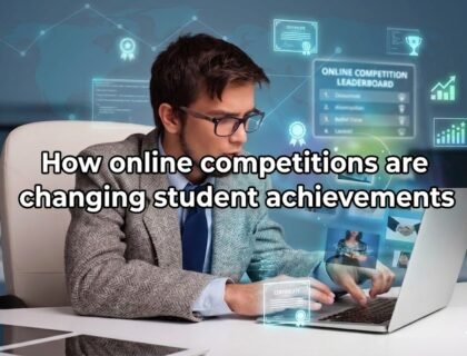 Students participating in an online competition through digital devices with global connectivity, showcasing virtual rankings, awards, and skill-based achievements on a futuristic screen