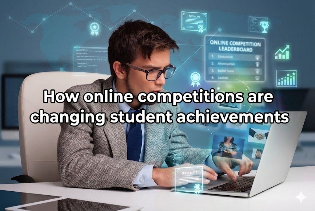 Students participating in an online competition through digital devices with global connectivity, showcasing virtual rankings, awards, and skill-based achievements on a futuristic screen