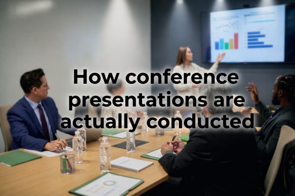 Academic conference presentation in progress with student presenting research on stage while experts and professors observe and evaluate in a formal conference hall