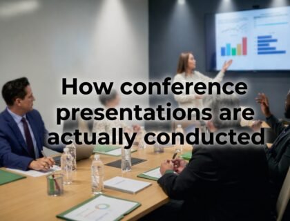 Academic conference presentation in progress with student presenting research on stage while experts and professors observe and evaluate in a formal conference hall