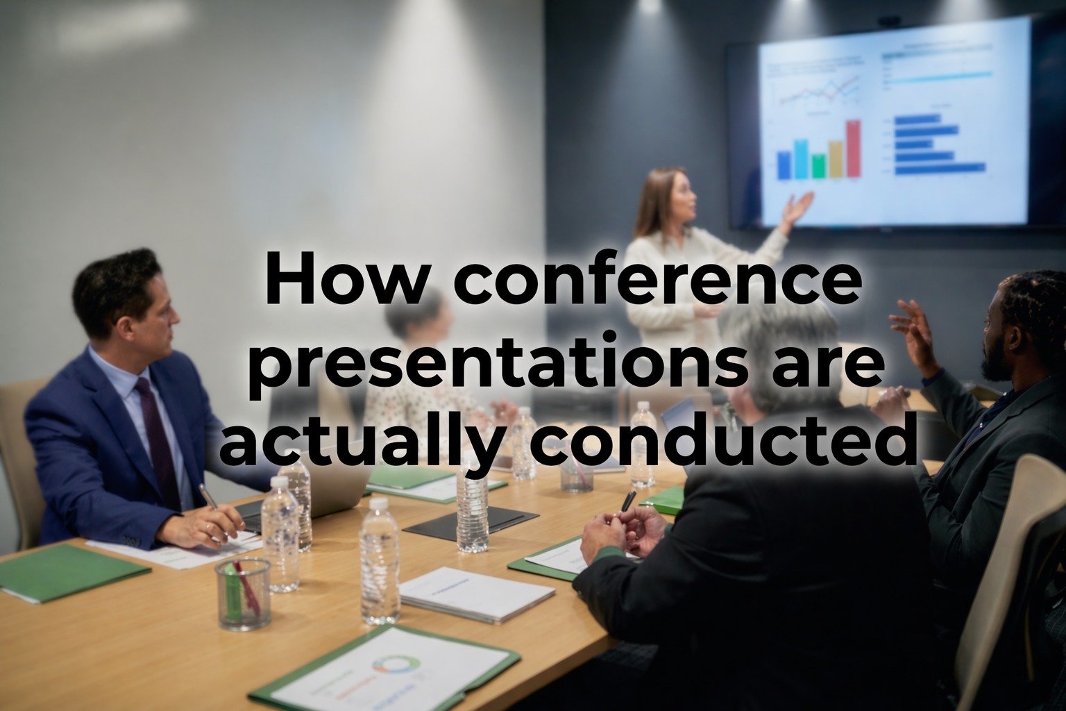 Academic conference presentation in progress with student presenting research on stage while experts and professors observe and evaluate in a formal conference hall