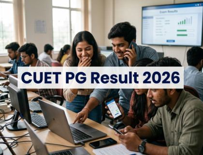 Photorealistic scene of Indian students reacting to CUET PG Result 2026 on laptops and phones in a classroom environment