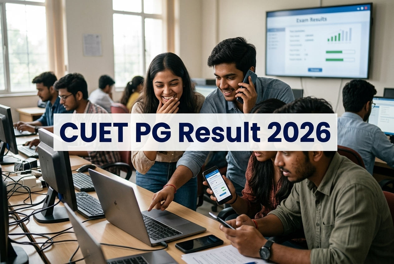 Photorealistic scene of Indian students reacting to CUET PG Result 2026 on laptops and phones in a classroom environment
