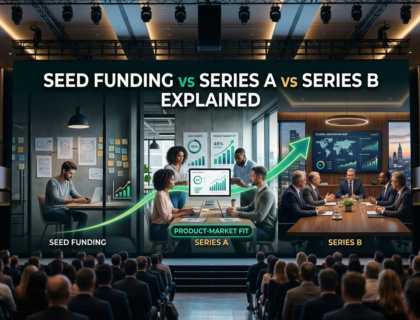 A professional cinematic illustration showing the progression of startup funding stages—Seed, Series A, and Series B—with founders, investors, and business growth visuals in a modern corporate environment.