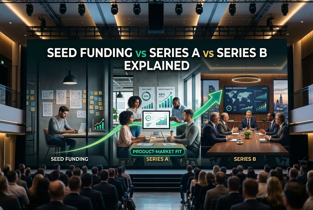 A professional cinematic illustration showing the progression of startup funding stages—Seed, Series A, and Series B—with founders, investors, and business growth visuals in a modern corporate environment.