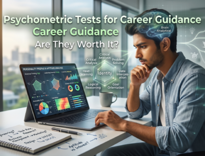 Student taking psychometric career test online with aptitude graphs and personality assessment dashboard