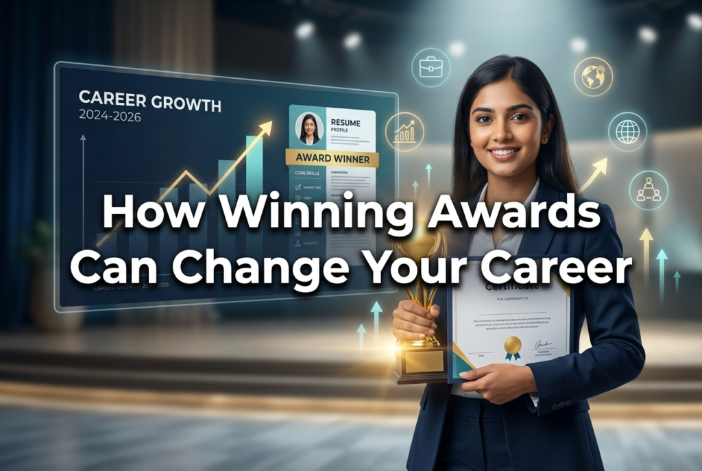 Student holding award trophy showing career growth success with achievement recognition and professional development