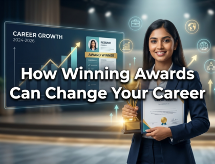 Student holding award trophy showing career growth success with achievement recognition and professional development