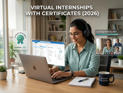 Student doing virtual internship from home on laptop with certificate and online meeting in 2026