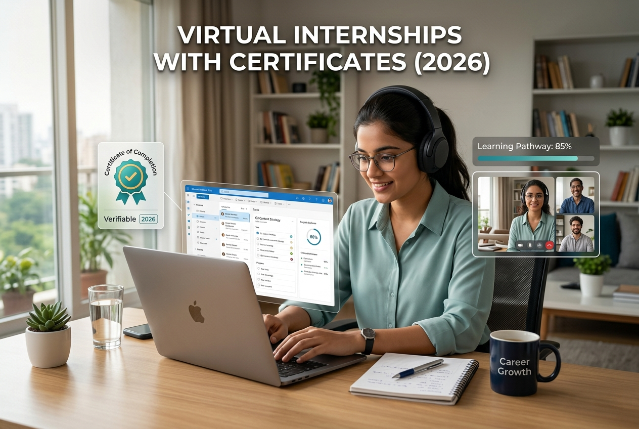 Student doing virtual internship from home on laptop with certificate and online meeting in 2026