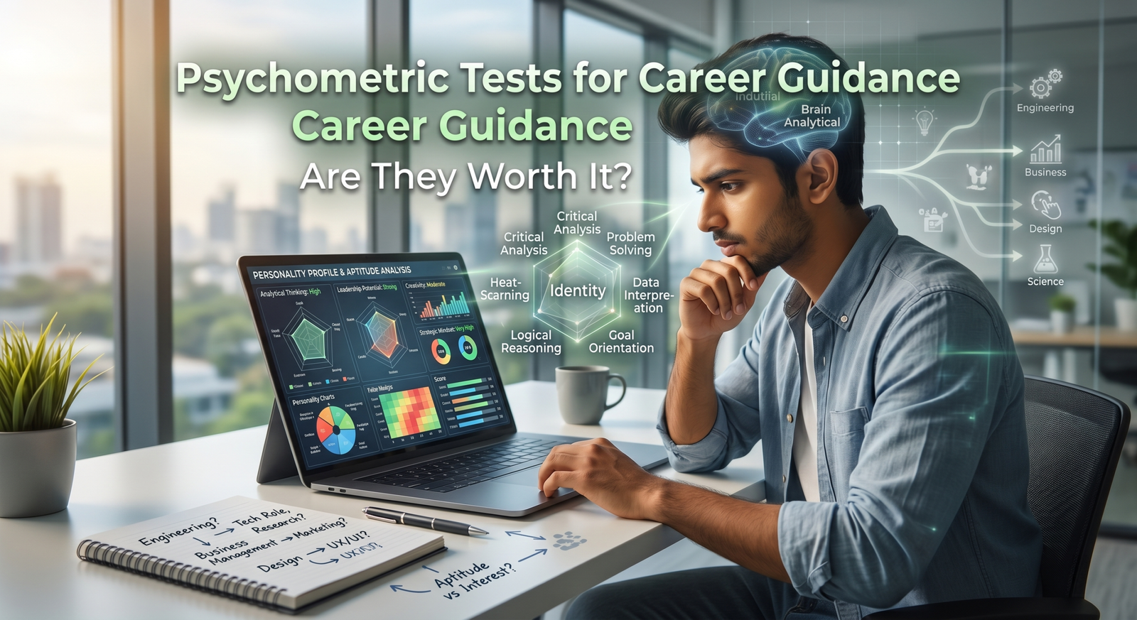 Student taking psychometric career test online with aptitude graphs and personality assessment dashboard