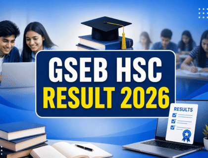 Alt text: GSEB HSC Result 2026 Gujarat board Class 12 results announcement banner with students and exam theme