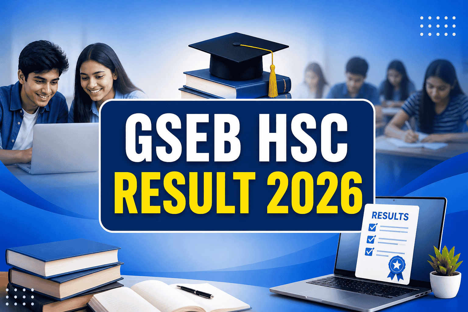 Alt text: GSEB HSC Result 2026 Gujarat board Class 12 results announcement banner with students and exam theme