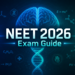 Futuristic NEET 2026 exam guide image with glowing DNA and medical science elements on dark gradient background