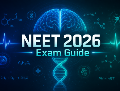 Futuristic NEET 2026 exam guide image with glowing DNA and medical science elements on dark gradient background