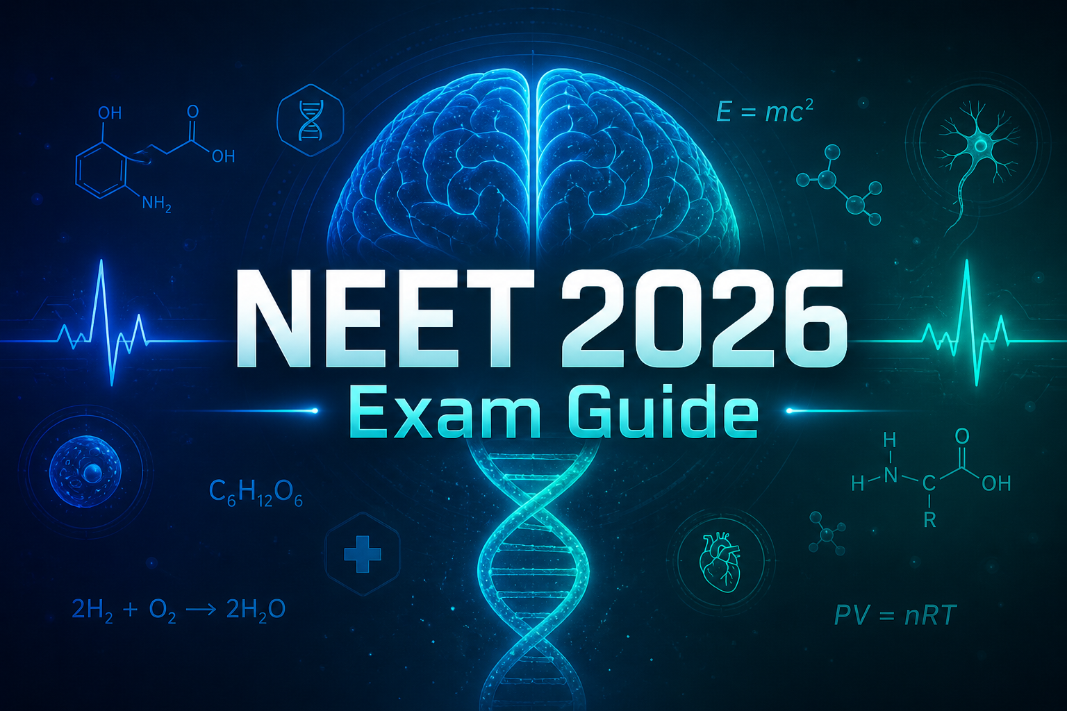 Futuristic NEET 2026 exam guide image with glowing DNA and medical science elements on dark gradient background