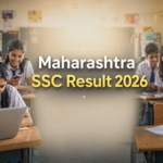 Students in a classroom checking Maharashtra SSC Result 2026 on mobile and laptop with anxious and hopeful expressions during board exam result day.