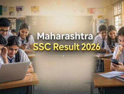 Students in a classroom checking Maharashtra SSC Result 2026 on mobile and laptop with anxious and hopeful expressions during board exam result day.