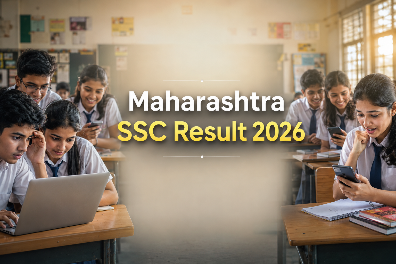 Students in a classroom checking Maharashtra SSC Result 2026 on mobile and laptop with anxious and hopeful expressions during board exam result day.