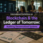 Blockchain auditing conference concept showing decentralized ledger, smart contracts, and financial network security