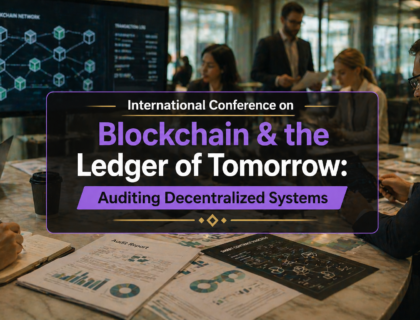 Blockchain auditing conference concept showing decentralized ledger, smart contracts, and financial network security