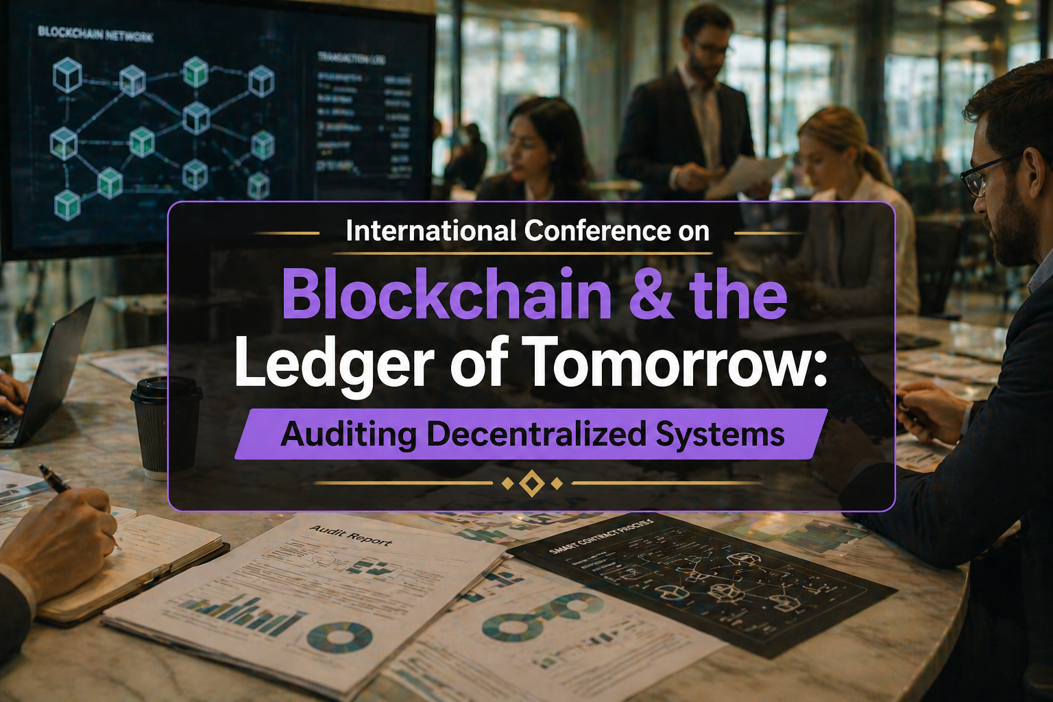 Blockchain auditing conference concept showing decentralized ledger, smart contracts, and financial network security